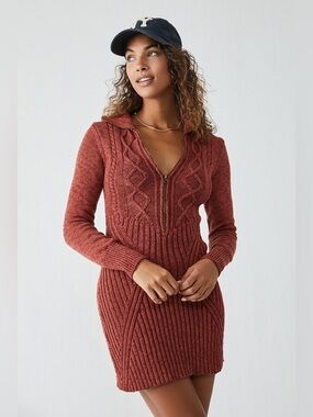 Free People Mont Blanc Ribbed Cable-Knit Zip Sweater Dress - Rust